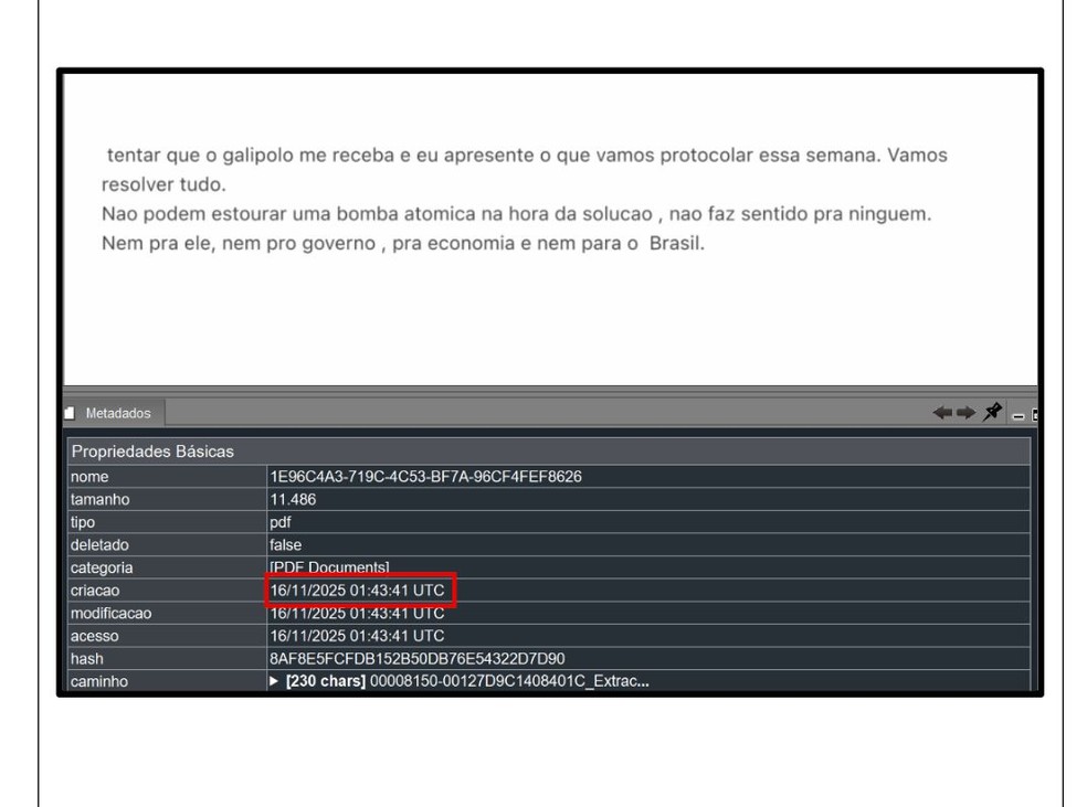 Print de mensagem encontrada pela PF no celular de Daniel Vorcaro — Foto: Reprodução/ Polícia Federal