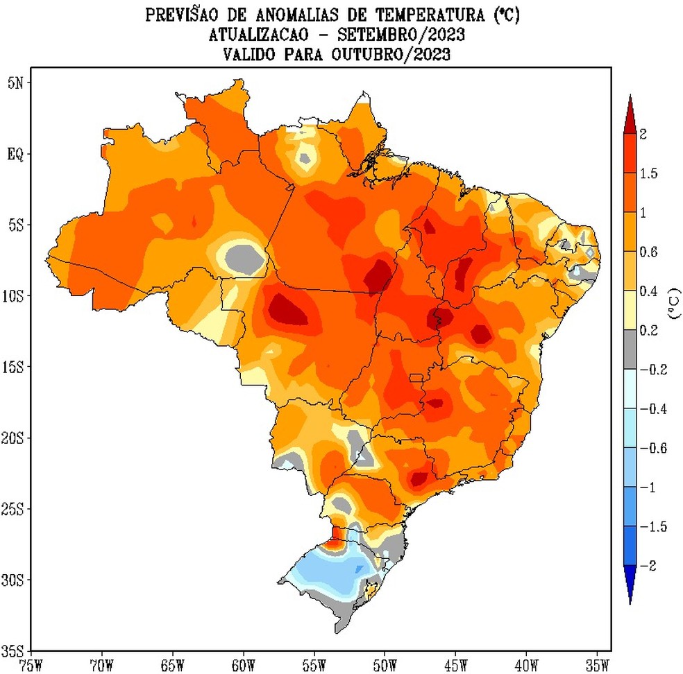 Mapa do Inmet mostra tendência de temperaturas acima do esperado em boa aprte do — Foto: Reprodução