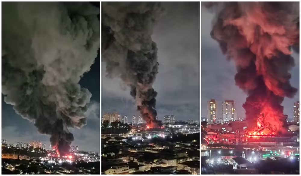 Combate a incêndio de grandes proporções em Guarulhos já dura mais de dez horas