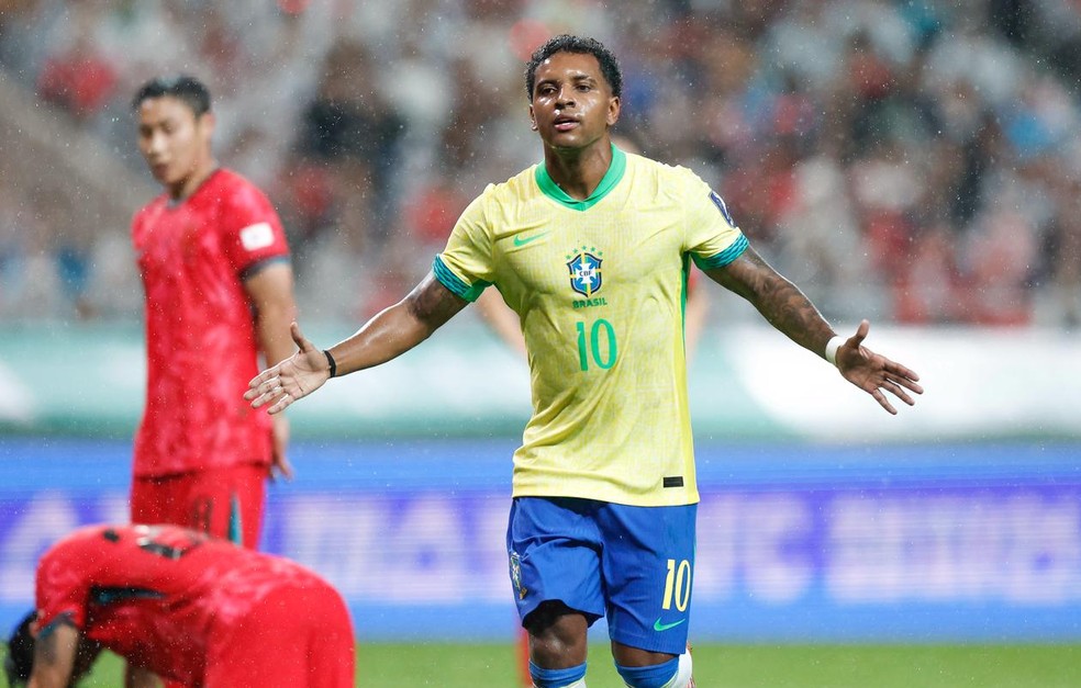 Rodrygo comemora seu gol pela seleção brasileira sobre a Coreia do Sul — Foto: Rafael Ribeiro / CBF