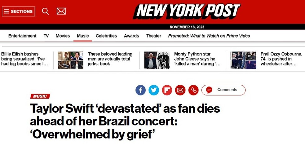Já o New York Post destaca que Taylor Swift chegou a distribuir água para algumas pessoas que estavam assistindo ao show — Foto: Reprodução