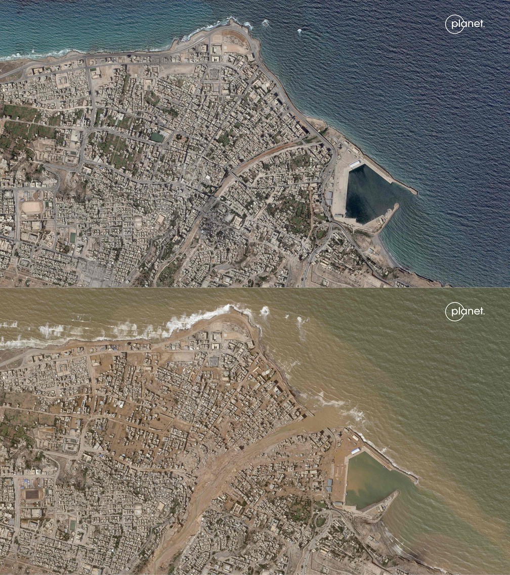 Imagens aéreas mostram o antes e depois do desastre climático — Foto: Handout / Planet Labs PBC / AFP