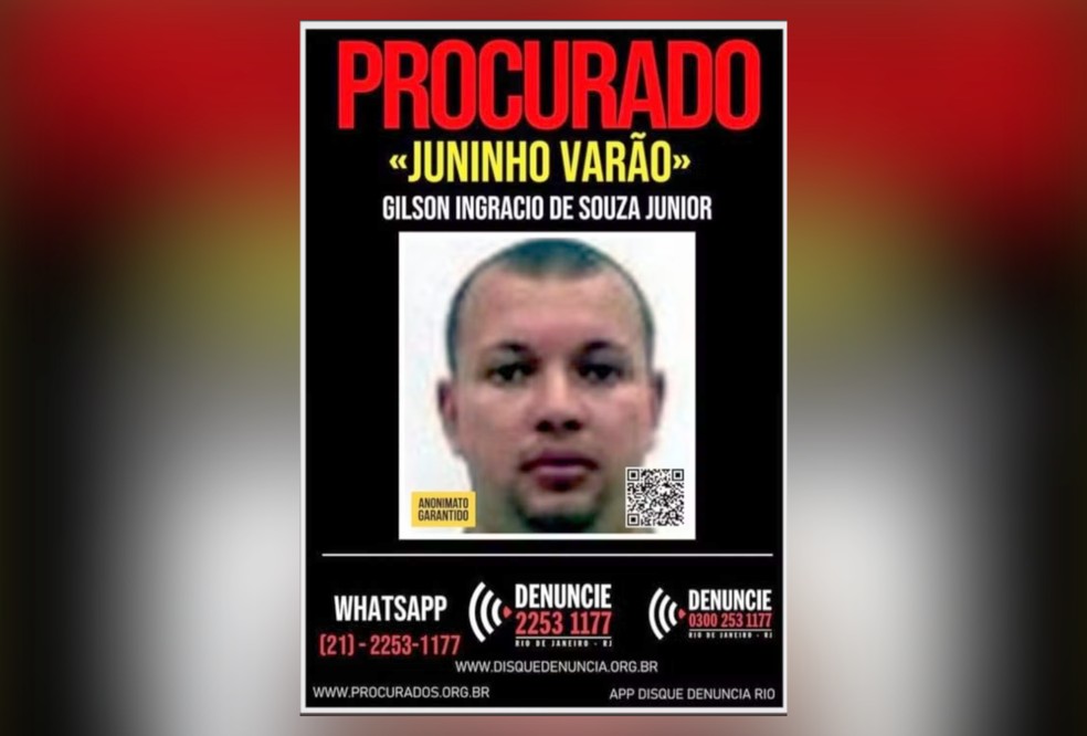 O cartaz que pede pistas sobre o miliciano Juninho Varão — Foto: Disque Denúncia/Divulgação