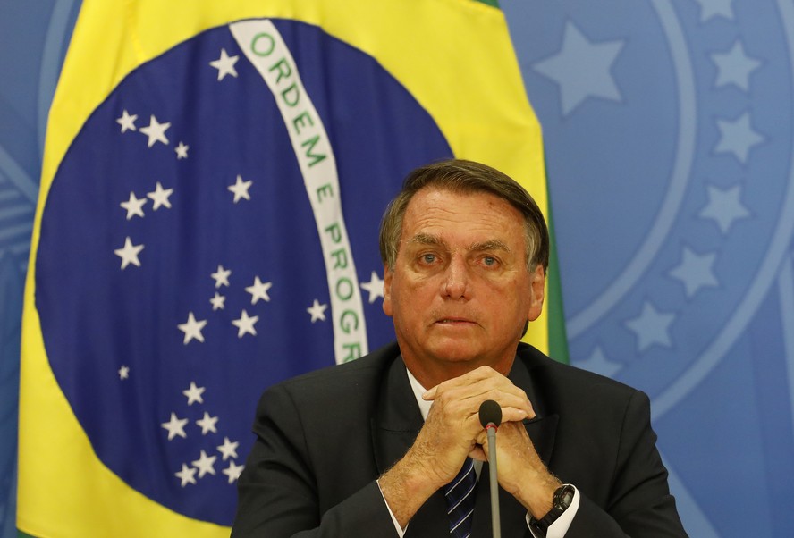 O presidente Jair Bolsonaro, durante pronunciamento no Palácio do Planalto