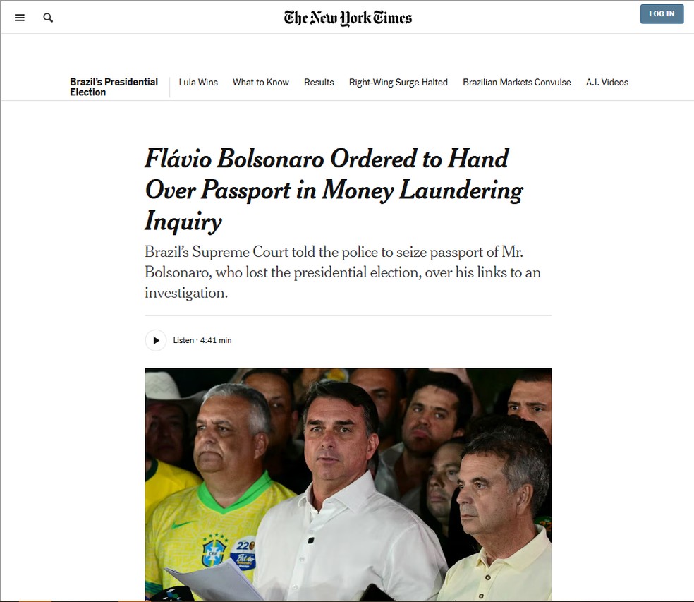 The New York Times: Jornais internacionais repercutem a poss�vel fuga de Fl�vio Bolsonaro - Foto: The New York Times