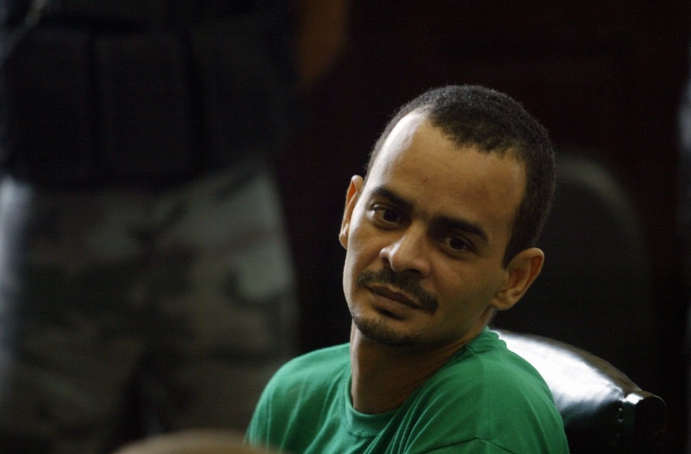 Eduíno Eustáquio de Araújo Filho, o Dudu da Rocinha, sendo interrogado no 1º Tribunal do Júri; ele foi morto por ex-aliados na cela — Foto: Michel Filho