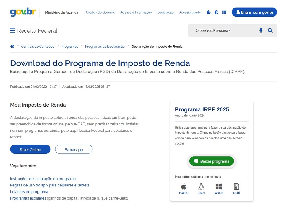 Na página de download do IR 2025, escolha a melhor opção que adeque a sua necessidade — Foto: Reprodução