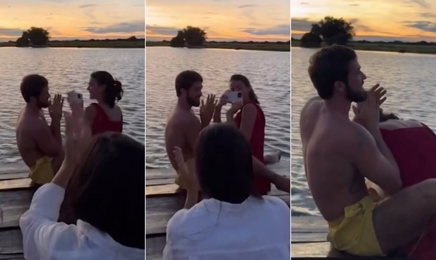 Bruna Marquezine e João Guilherme assistem a pôr do sol à beira de lago na Fazenda Talismã, do sertanejo Leonardo