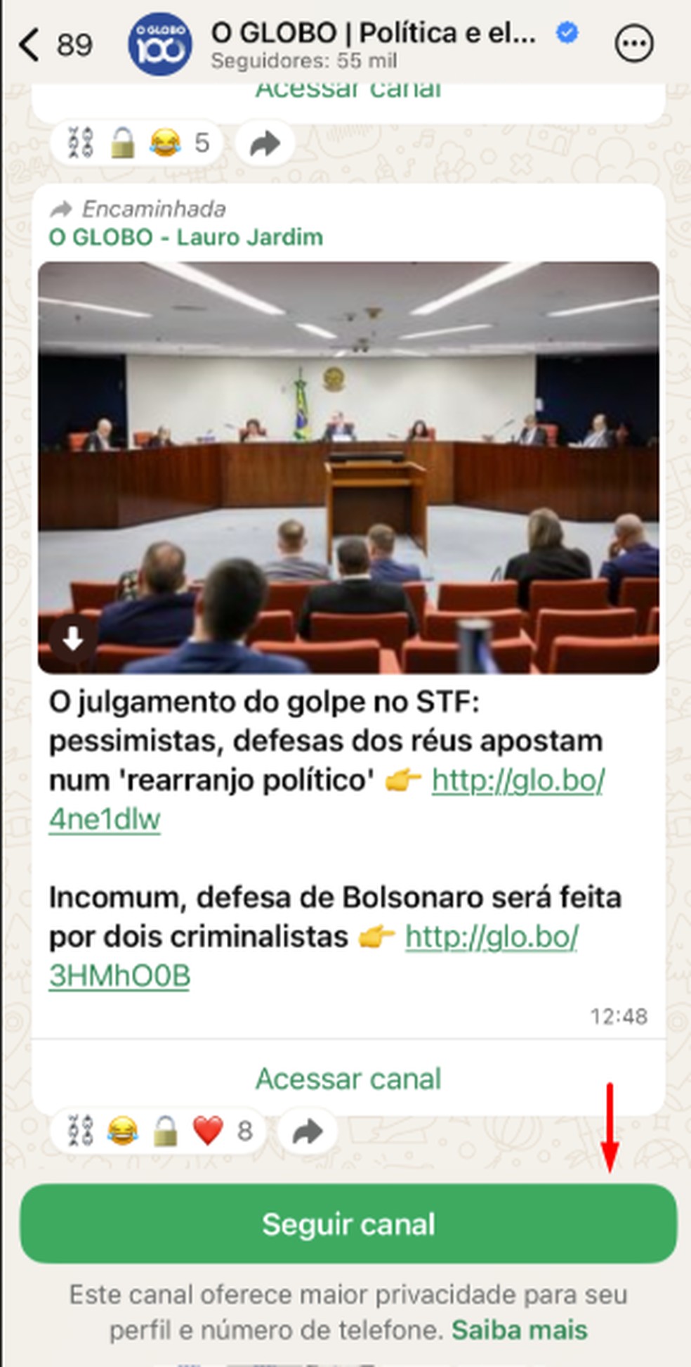 Clicar em'Seguir canal' — Foto: Reprodução