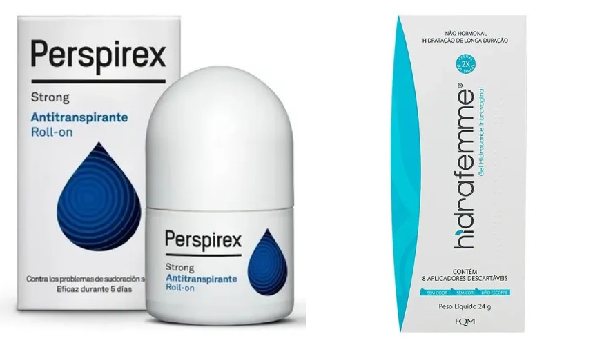 Perspirex Strong Antitranspirante Axilar e Hidrafemme Gel Hidratante Intravaginal estão entre os produtos suspensos