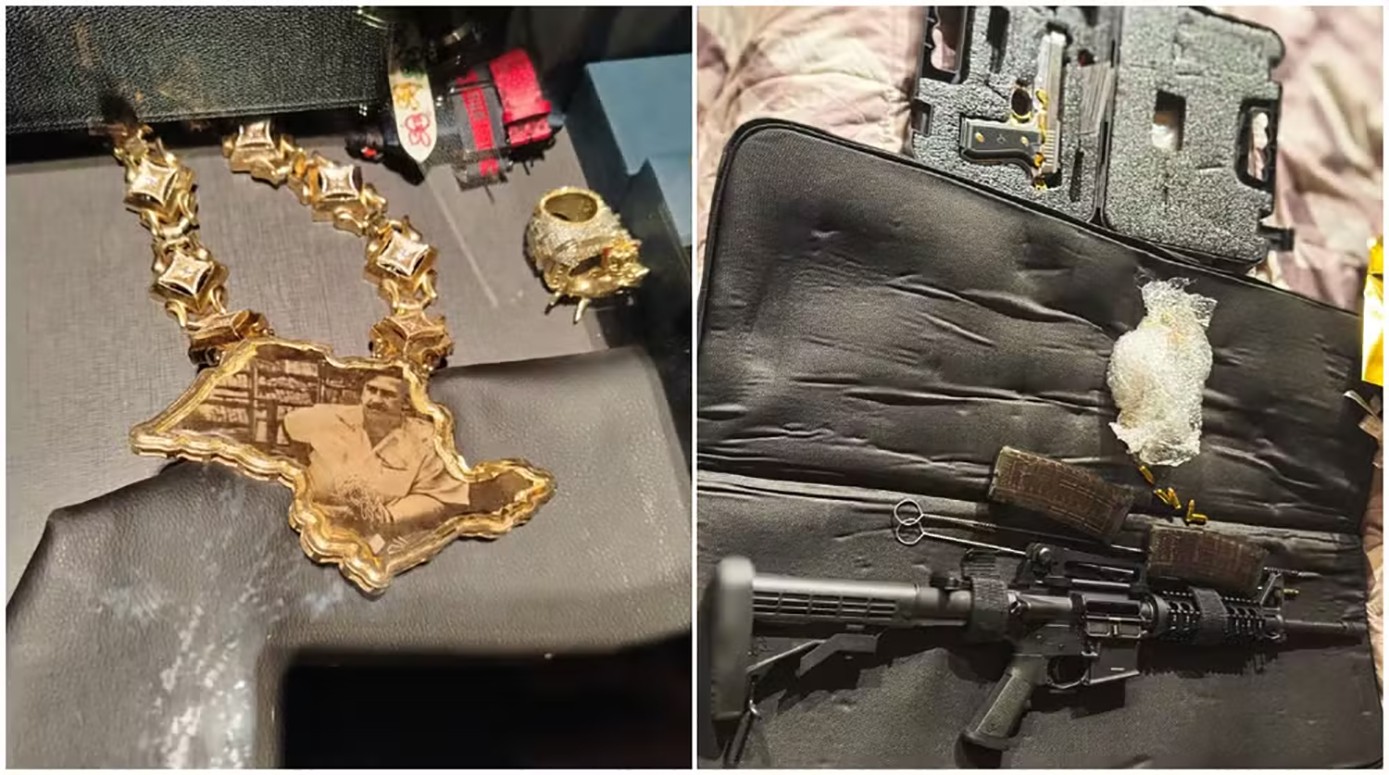 Mandados são cumpridos em nove estados e apuram movimentação superior a R$ 1,6 bilhão - Colar com imagem de Pablo Escobar e armas foram apreendidos pela PF contra MC Ryan SP e MC Poze do Rodo — Foto: Divulgação/PF