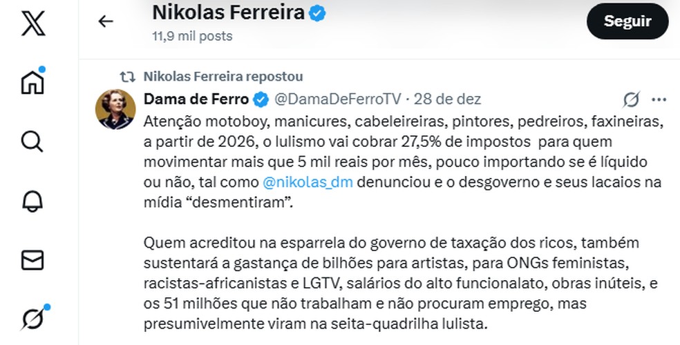 Nikolas Ferreira compartilha informação falsa sobre taxação do governo em movimentações financeiras