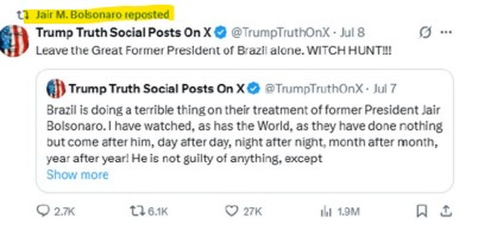 Nas redes sociais, Trump dizia que Bolsonaro era alvo de uma "caça às bruxas" — Foto: Reprodução