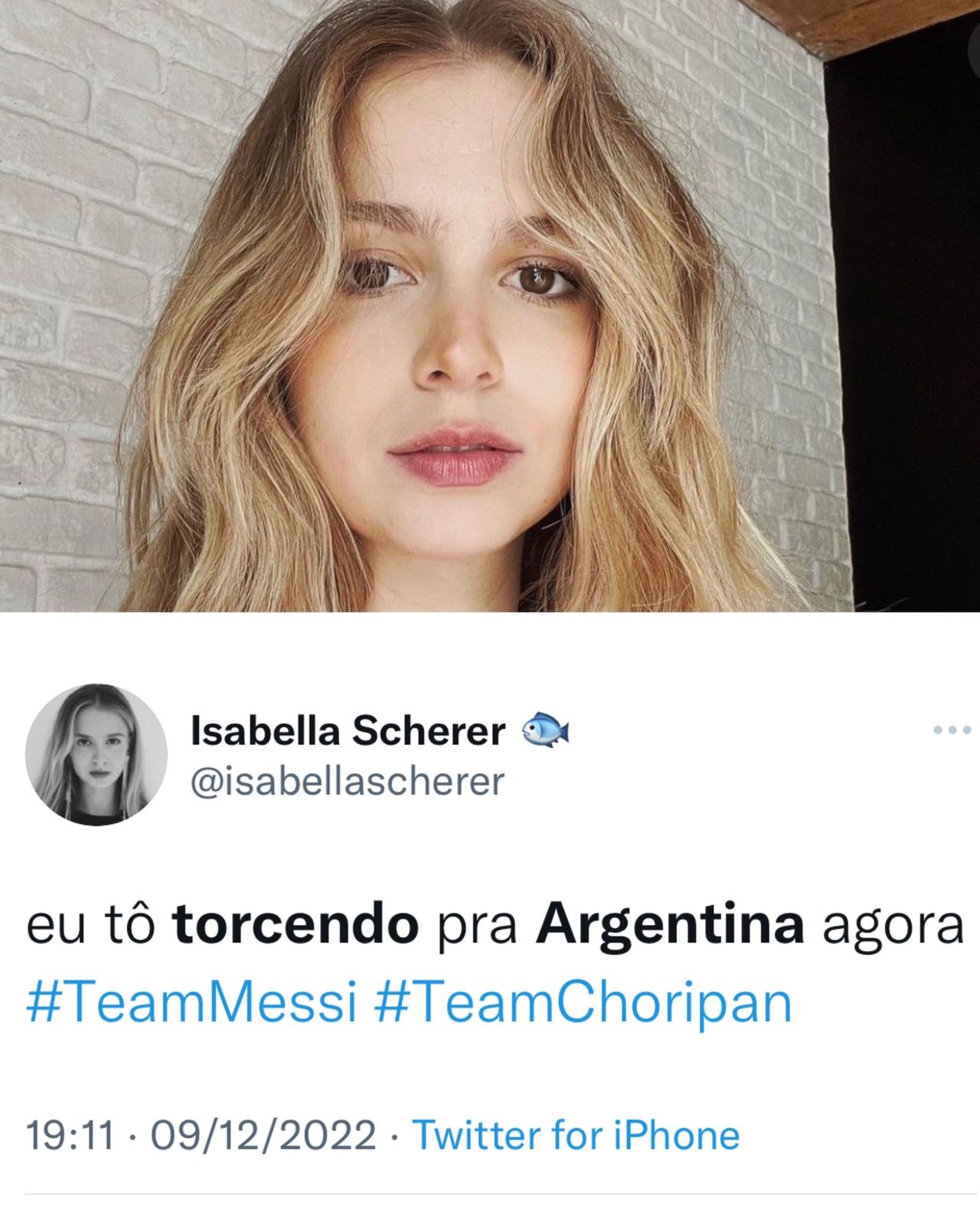 A influenciadora Isabella Scherer usou as redes sociais para declarar torcida para a Argentina na Copa do Mundo — Foto: Reprodução