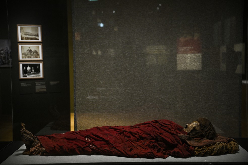 A múmia egípcia "Myrithis' na exposição "Múmias", em cartaz no Museu do Homem em Paris — Foto: Julien de Rosa/AFP