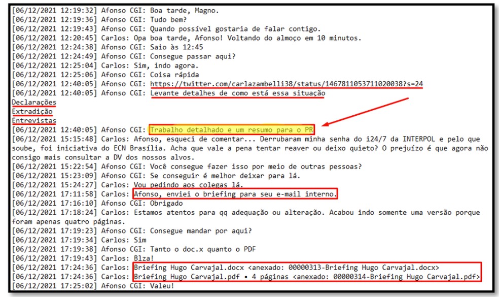 Trecho de conversa em que se menciona Hugo Carvajal, ex-chefe da inteligência da Venezuela chavista — Foto: Reprodução