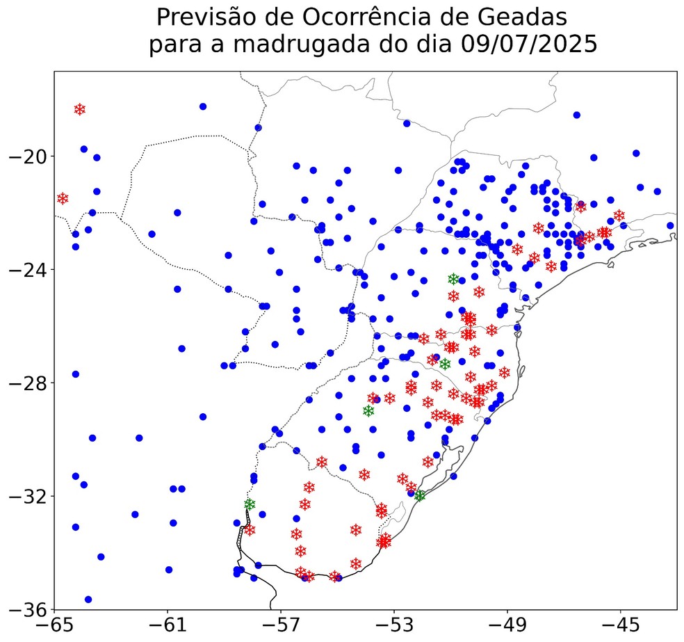 Previsão da ocorrência de geadas nesta quarta — Foto: Reprodução/Inpe
