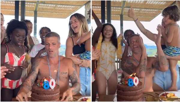 Bruno Gagliasso reúne família e amigos em rancho para aniversário, e bolo chama atenção