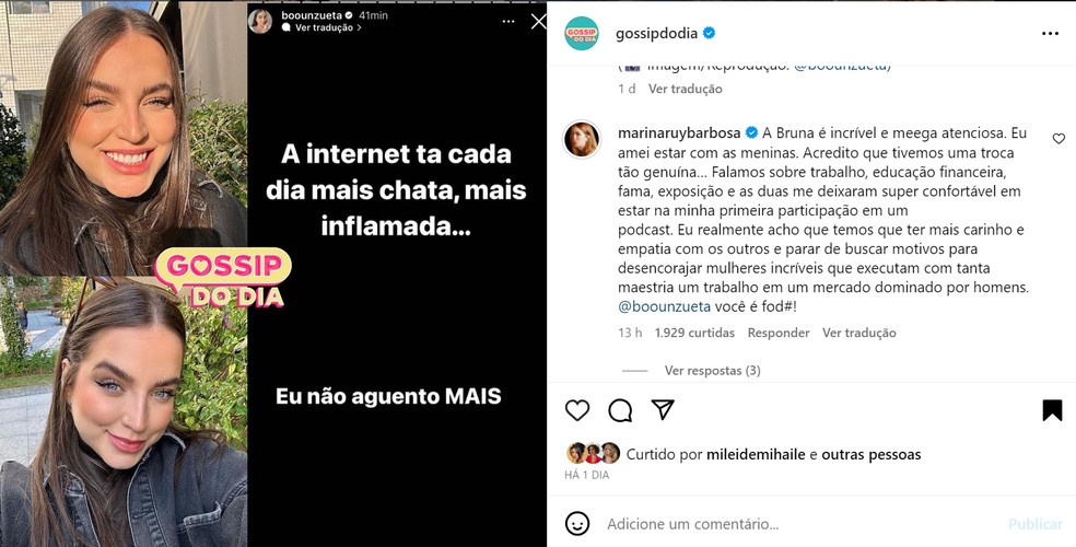 Marina Ruy Barbosa defende a apresentadora Bruna Unzueta — Foto: Reprodução/Instagram