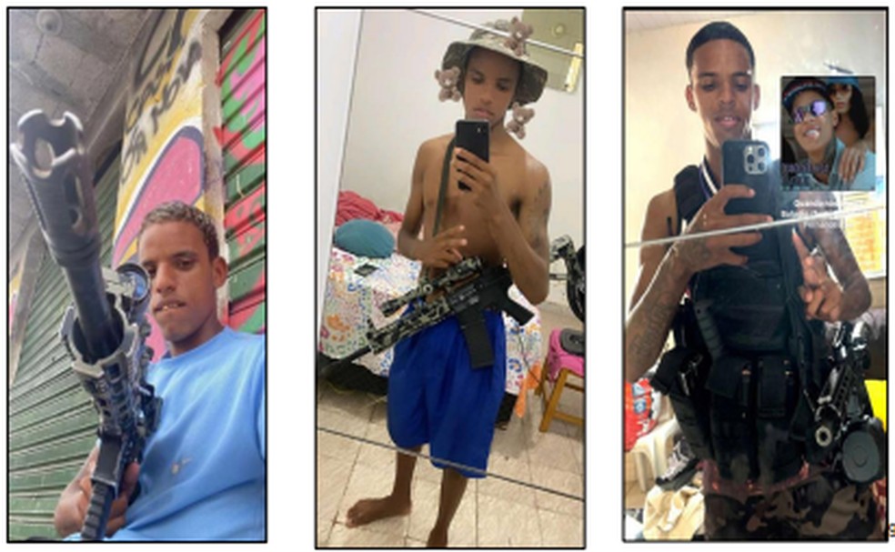 Fotos de Rafael Bruno Rodrigues Ferreira, vulgo Novinho, com fuzis — Foto: Reprodução