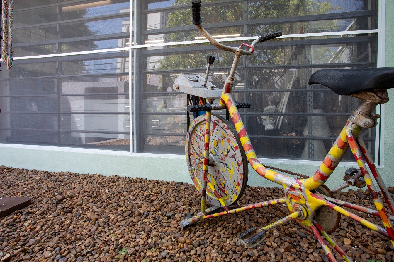 Bicicleta ergométrica pintada por Ivald Granato — Foto: Edilson Dantas
