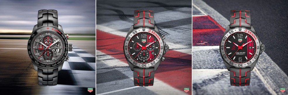 Os três modelos da TAG Heuer em homenagem a Ayrton Senna. — Foto: Divulgação/TAG Heuer