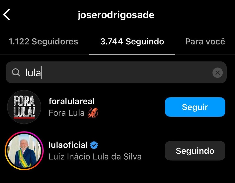 A página "Fora Lula" seguida por Sade — Foto: Reprodução