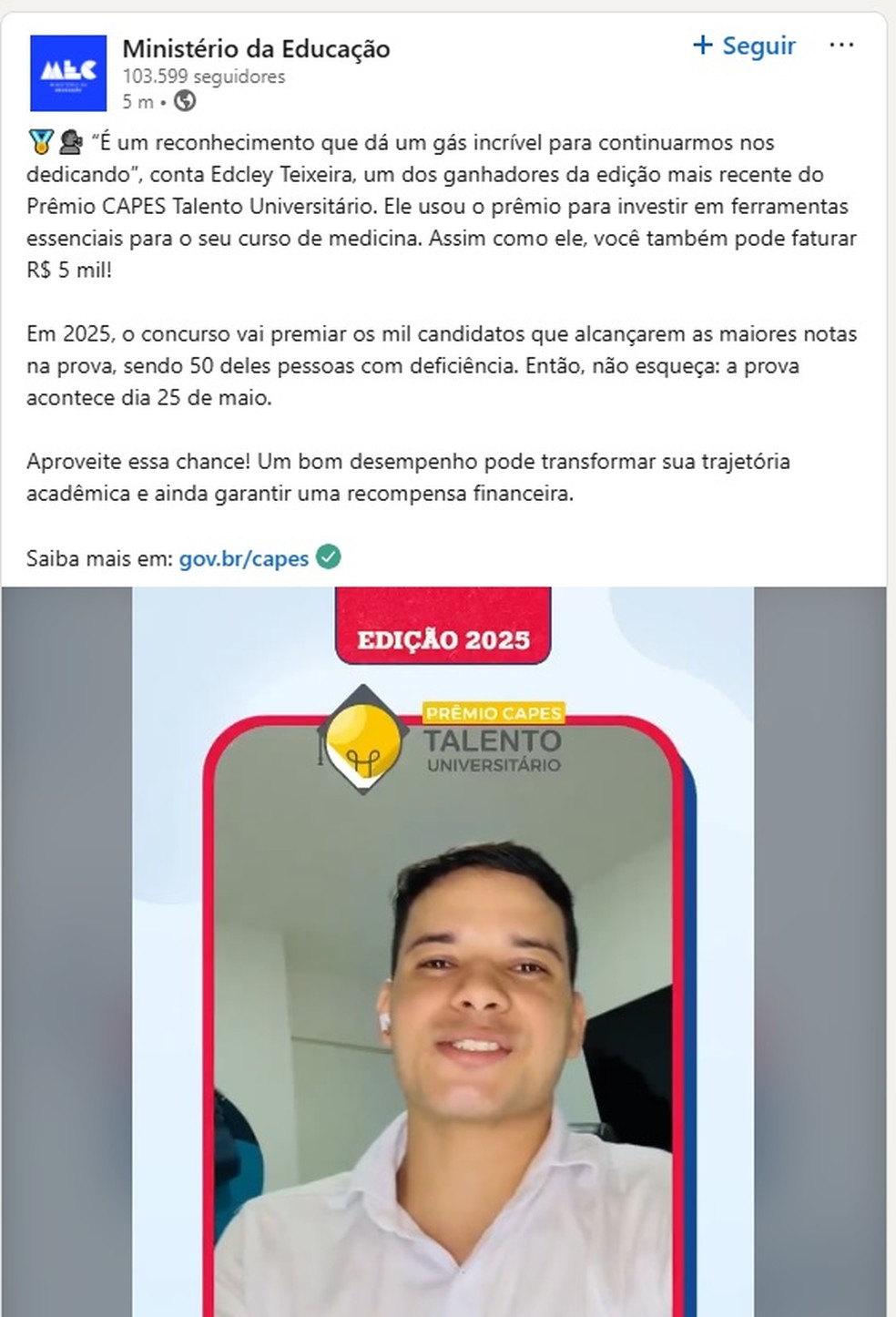 Post foi apagado de todos os perfis do MEC nas redes sociais — Foto: Reprodução