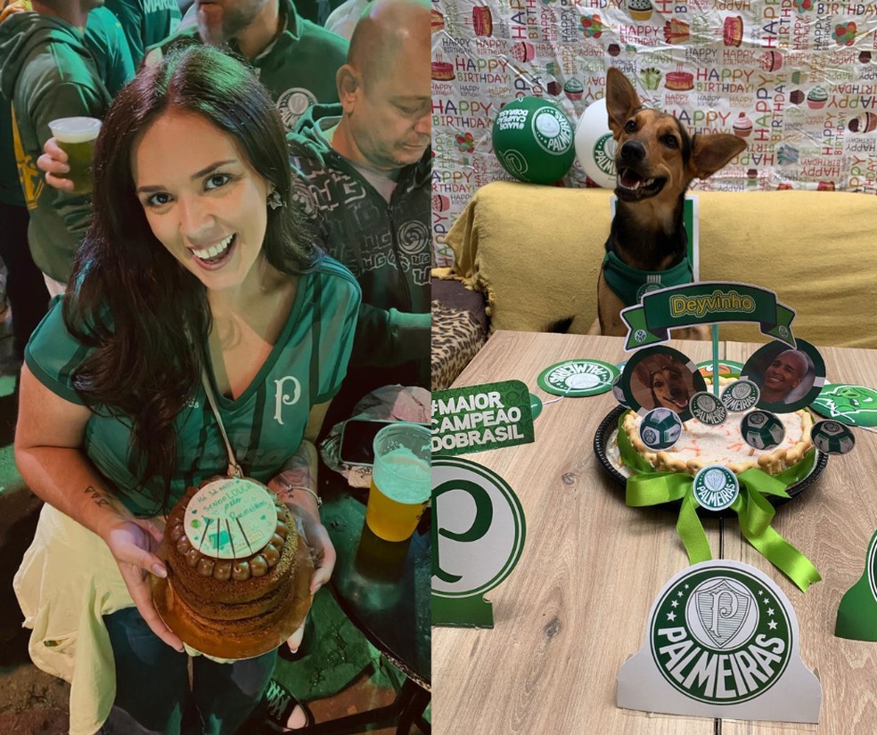 Thais Quintanilha comemorando seu aniversário antes do jogo Palmeiras x LDU, na semifinal da Libertadores; A desenvolvedora de TI nomeou o seu cachorro de Deivinho em homenagem ao atacante Deyverson, ex-jogador do Palmeiras — Foto: Arquivo pessoal/Thais Quintanilha