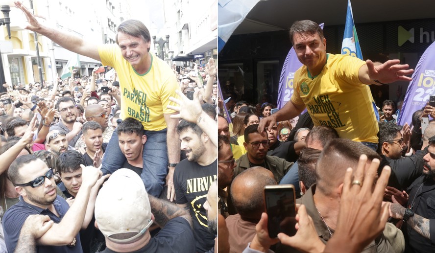Jair Bolsonaro em 2018 e Flávio Bolsonaro nesta quarta-feira: cenas parecidas