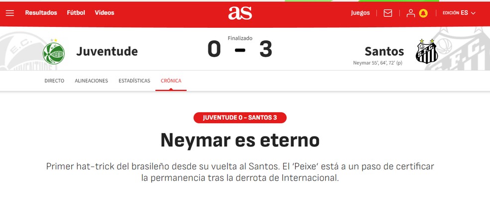 Jornal As, da Espanha, destaca atua&ccedil;&atilde;o de Neymar em vit&oacute;ria do Santos &mdash; Foto: Reprodu&ccedil;&atilde;o