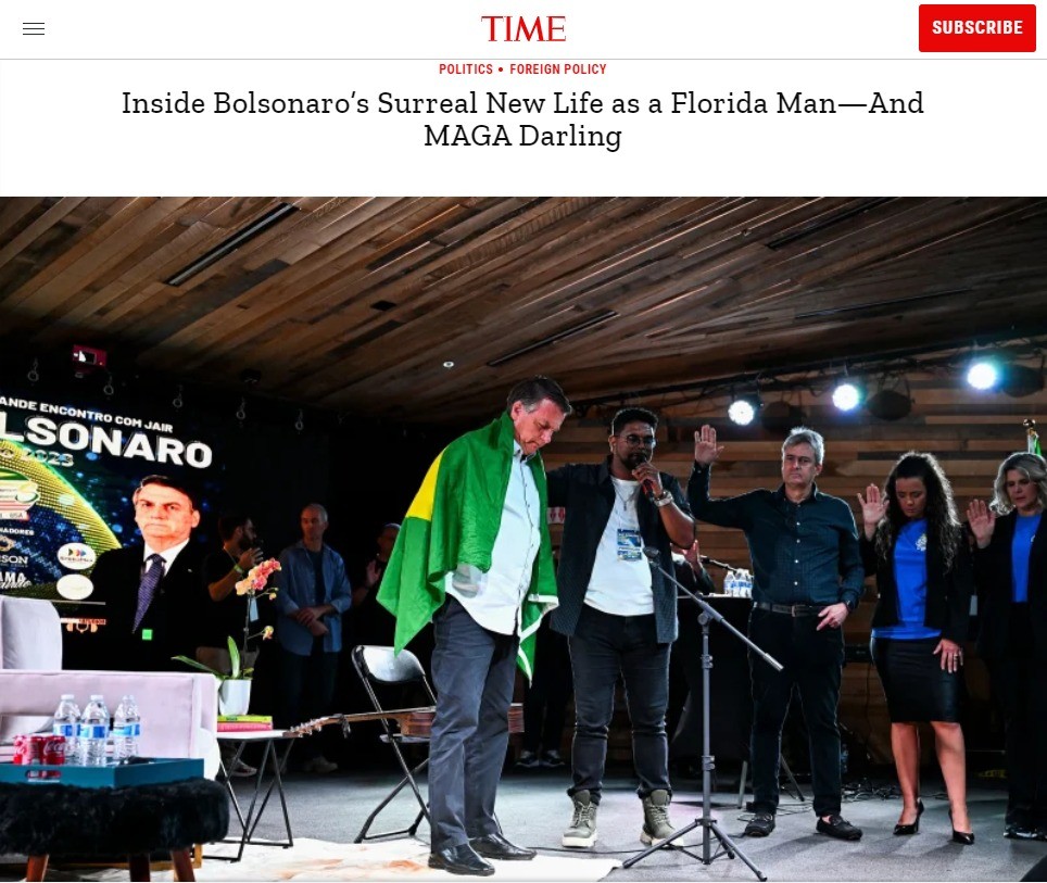 Bolsonaro foi tema de reportagem da revista "Time", que chamou de surreal a nova vida do ex-presidente nos EUA — Foto: Reprodução