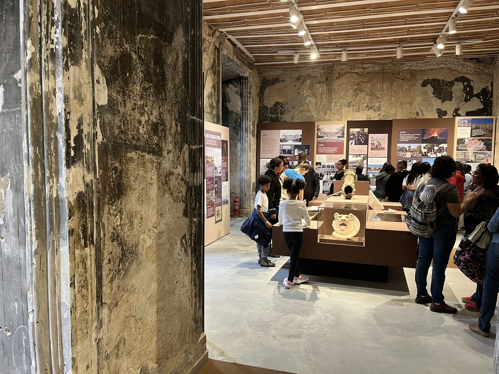 Visitantes conferem sala que relembra a história do museu na exposição "Entre gigantes" — Foto: Natalia Castro