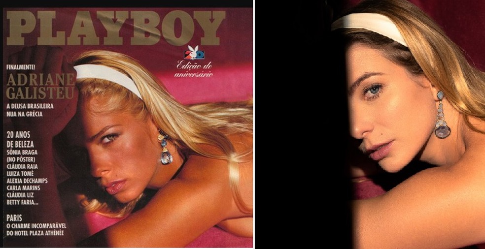 Adriane Galisteu na Playboy e a atriz que a interpreta na série 'Senna' — Foto: Reprodução e divulgação