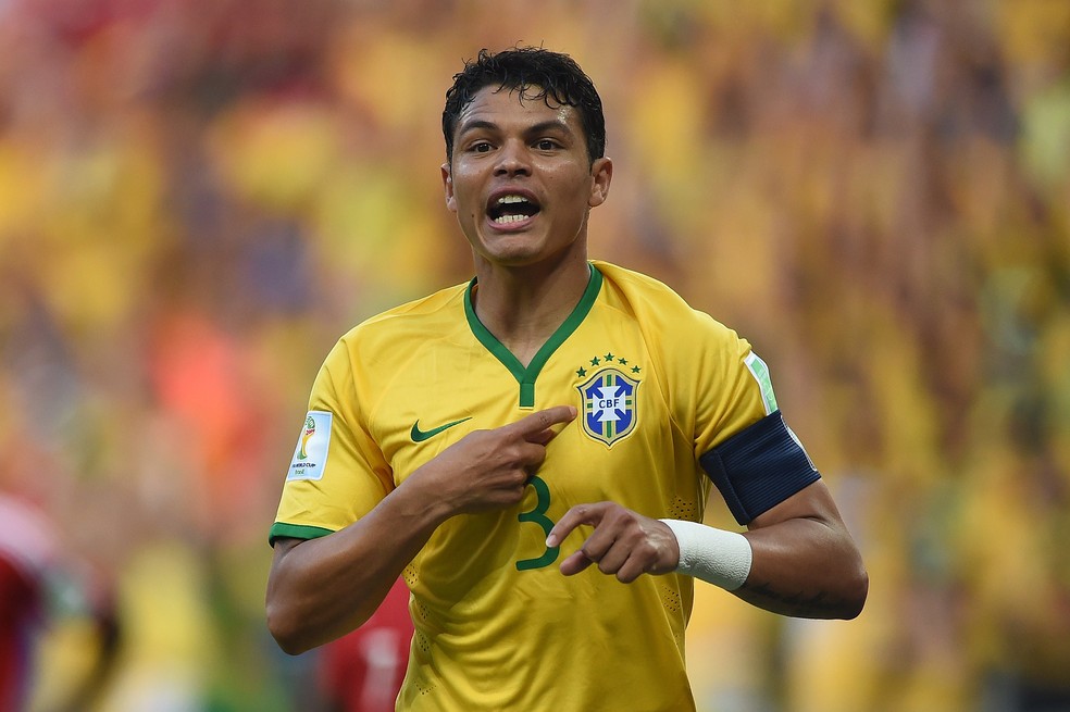 Thiago Silva comemora gol na Copa do Mundo de 2014 — Foto: AFP PHOTO / EITAN ABRAMOVICH