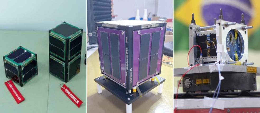 Imagem dos satélites FloripaSat (esquerda); do sistema SNI-GNSS (centro); e do satélite PION-BR2 (direita) — Foto: Reprodução: FAB / Innospace / UFMA