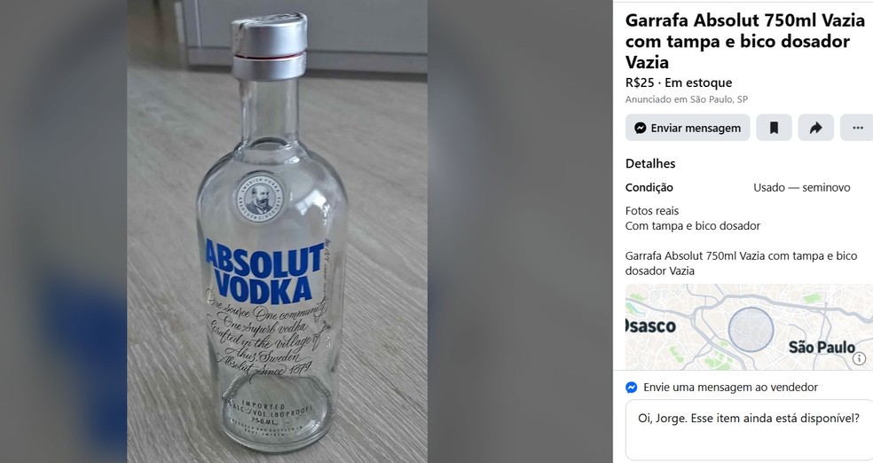 Garrafa de vodca vendida no Facebook — Foto: Reprodução