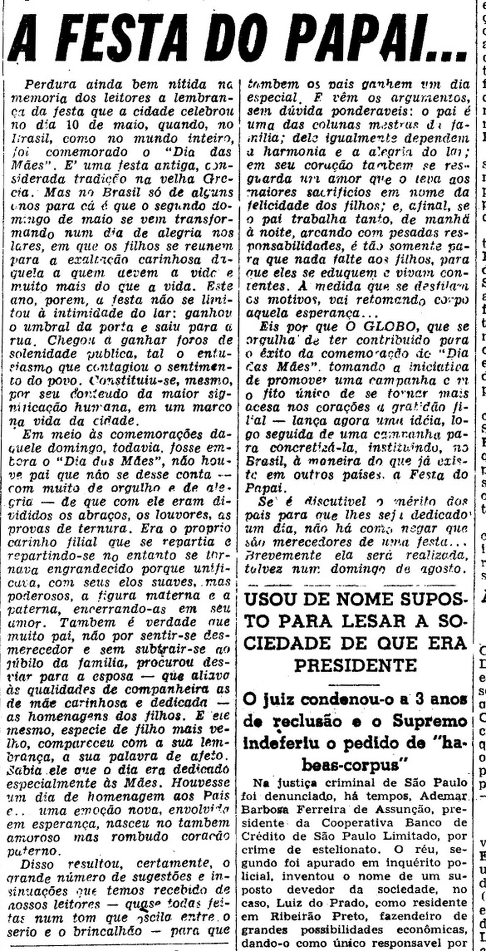 Edição de 1º de junho de 1953 do O GLOBO anunciava a criação do Dia dos Pais no Brasil — Foto: Acervo O GLOBO