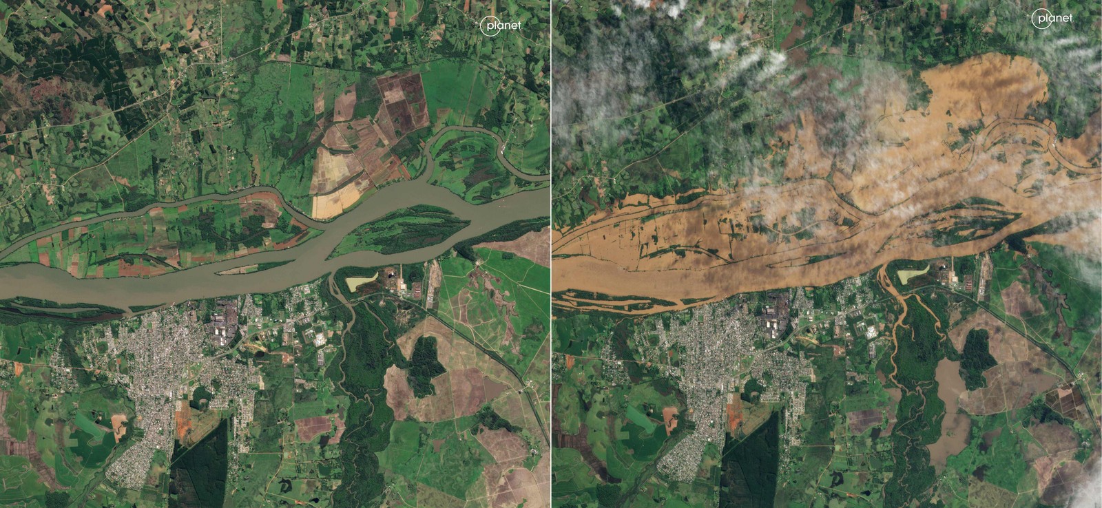 Vista aérea de Charqueadas, ao longo do rio Jacuí, em 26 de agosto de 2023 e, à direita, após fortes chuvas — Foto: AFP PHOTO / PLANET LABS PBC
