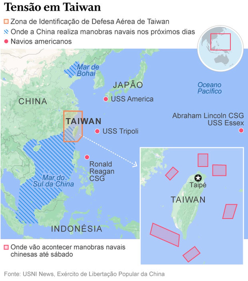 Mapa de operações navais da China e dos EUA — Foto: Editoria de Arte
