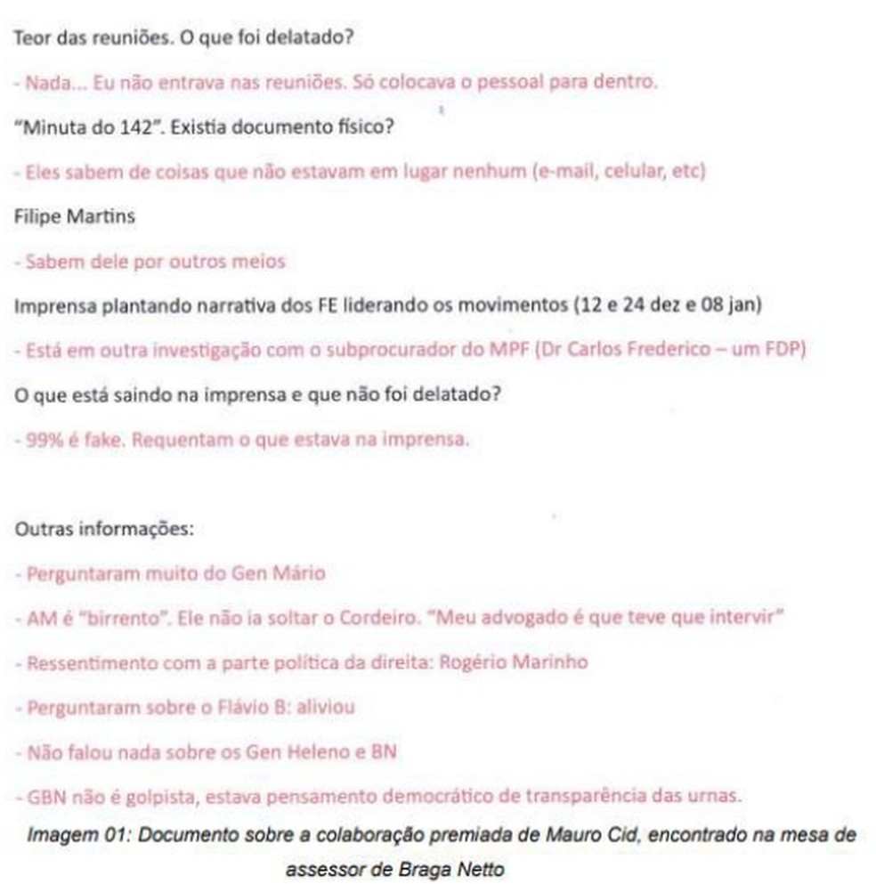 Documento encontrado na mesa de assessor de Braga Netto mostra informações sobre delação de CId — Foto: Reprodução