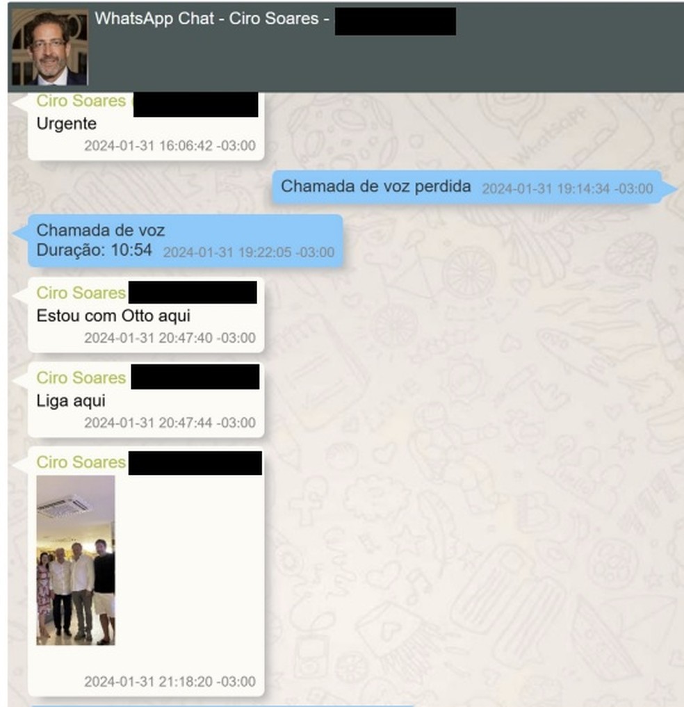 Conversa entre Ciro Sores e Daniel Vorcaro citando Otto Alencar — Foto: Reprodução