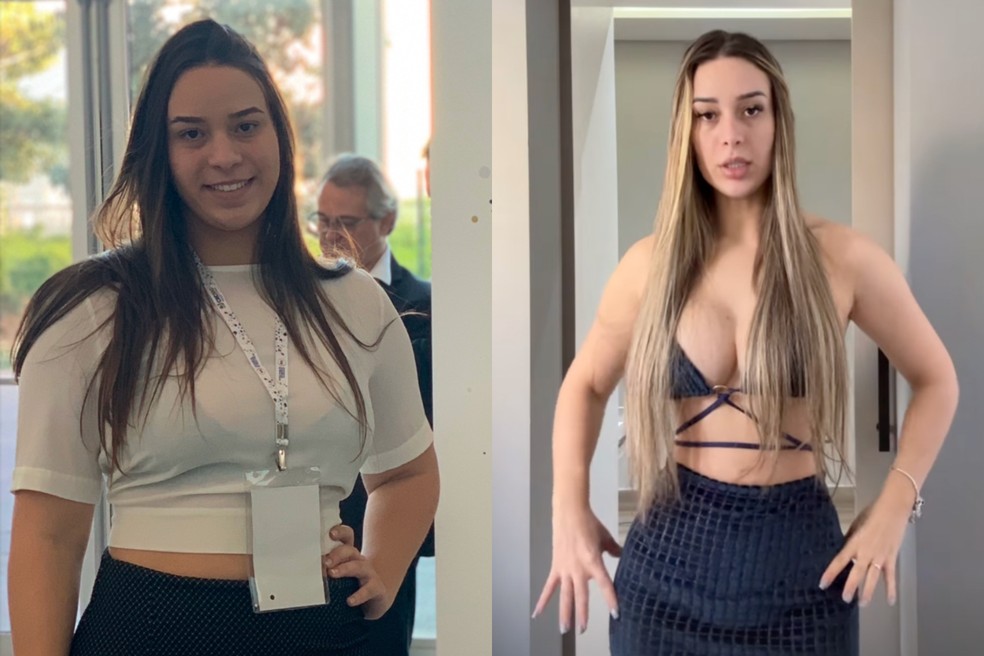 Antes e depois de Gabriella Jacinto, a "esposa troféu" que viralizou nas redes sociais — Foto: Reprodução