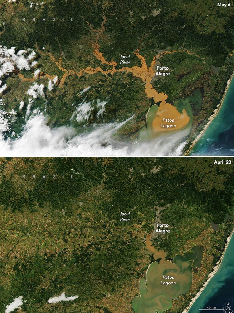 Imagens do sistema Modis, da Nasa, mostram a Lagoa dos Patos e rios gaúchos depois e antes da cheia — Foto: Modis-Nasa/Divulgação
