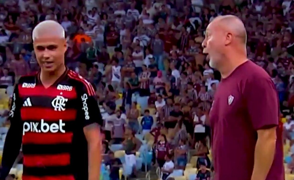 Mano Menezes e Luiz Araújo discutiram no primeiro jogo da final do Carioca entre Fluminense e Flamengo — Foto: Reprodução