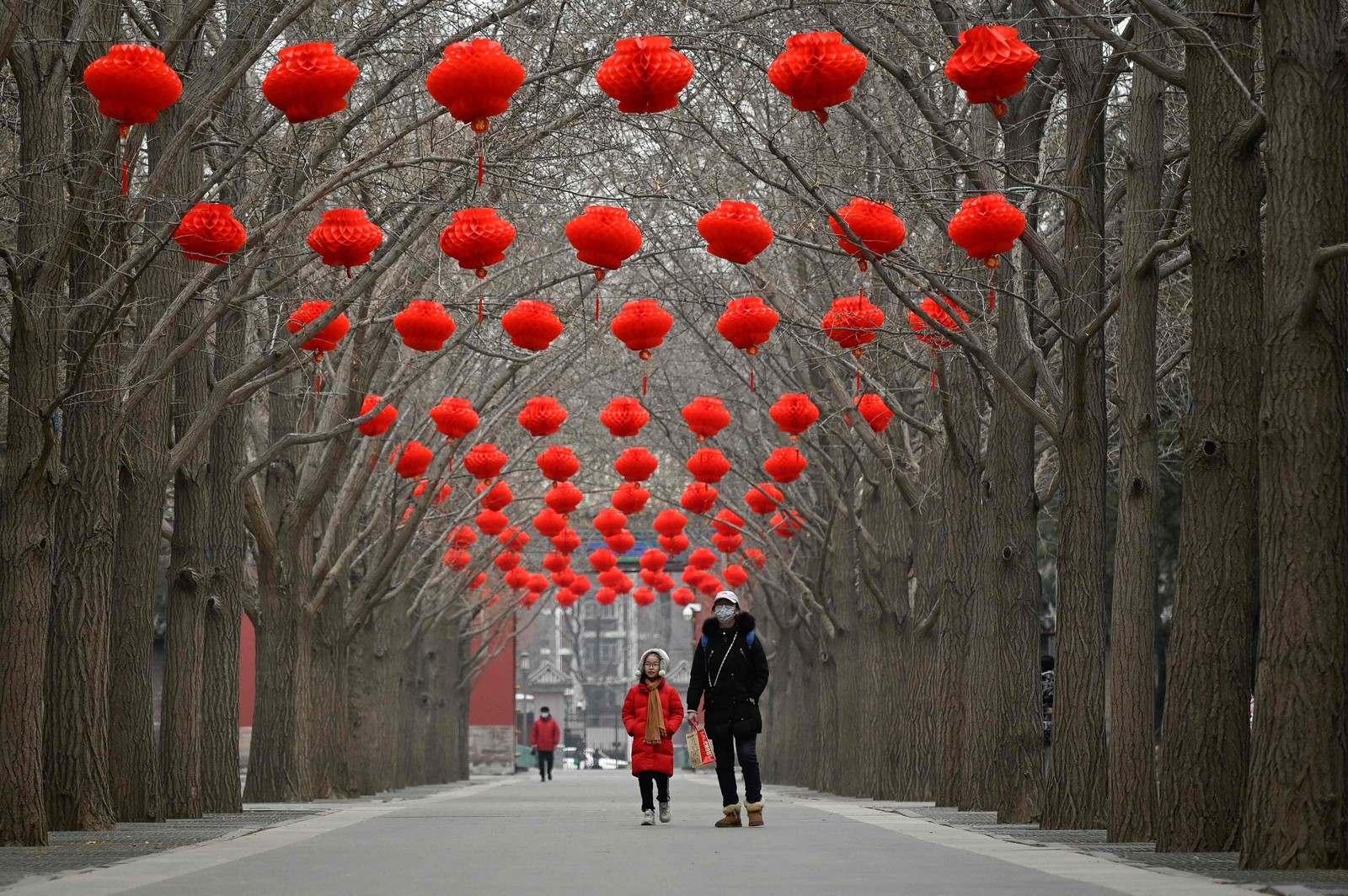 Mulher e uma criança caminham ao longo de uma estrada decorada com lanternas vermelhas para a celebração do Ano Novo Lunar Chinês em um parque de Pequim. — Foto: WANG Zhao / AFP