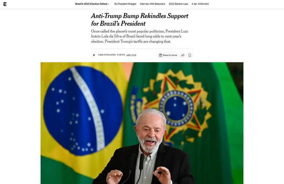 New York Times repercute efeito de tarifaço de Trump na popularidade de Lula — Foto: Reprodução/NYT
