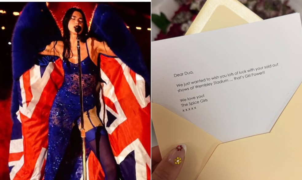 O casaco de Dua Lipa (esquerda) e a carta que a cantora recebeu das Spice Girls (direita) — Foto: Reprodução: Instagram