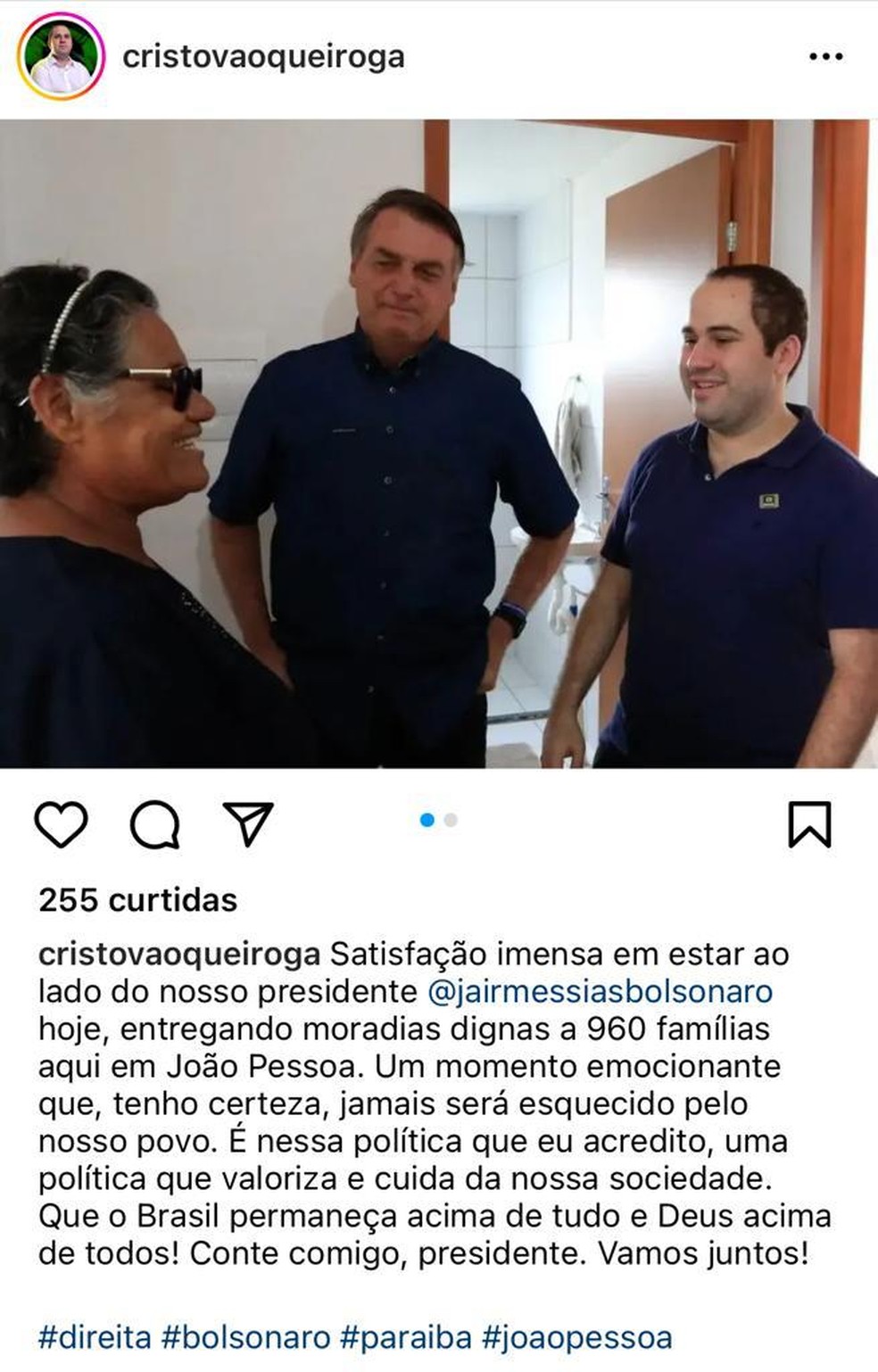 Queiroguinha posta foto com Bolsonaro na Paraíbs — Foto: Reprodução