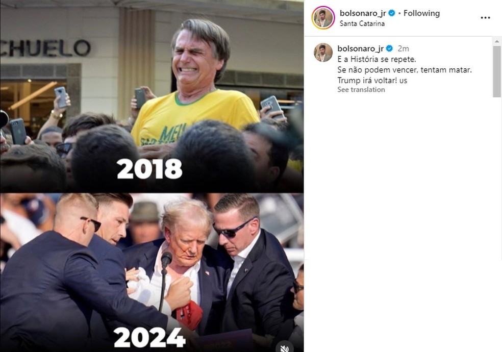 Jair Renan, filho caçula do ex-presidente Jair Bolsonaro, comparou tiros em comício de Trump à facada sofrida pelo pai em 2018 — Foto: Reprodução/Redes sociais